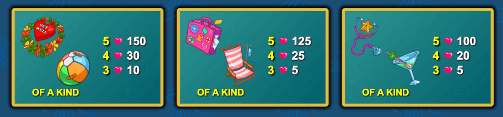 Doctor Love on Vacation Paytable Low Symbols