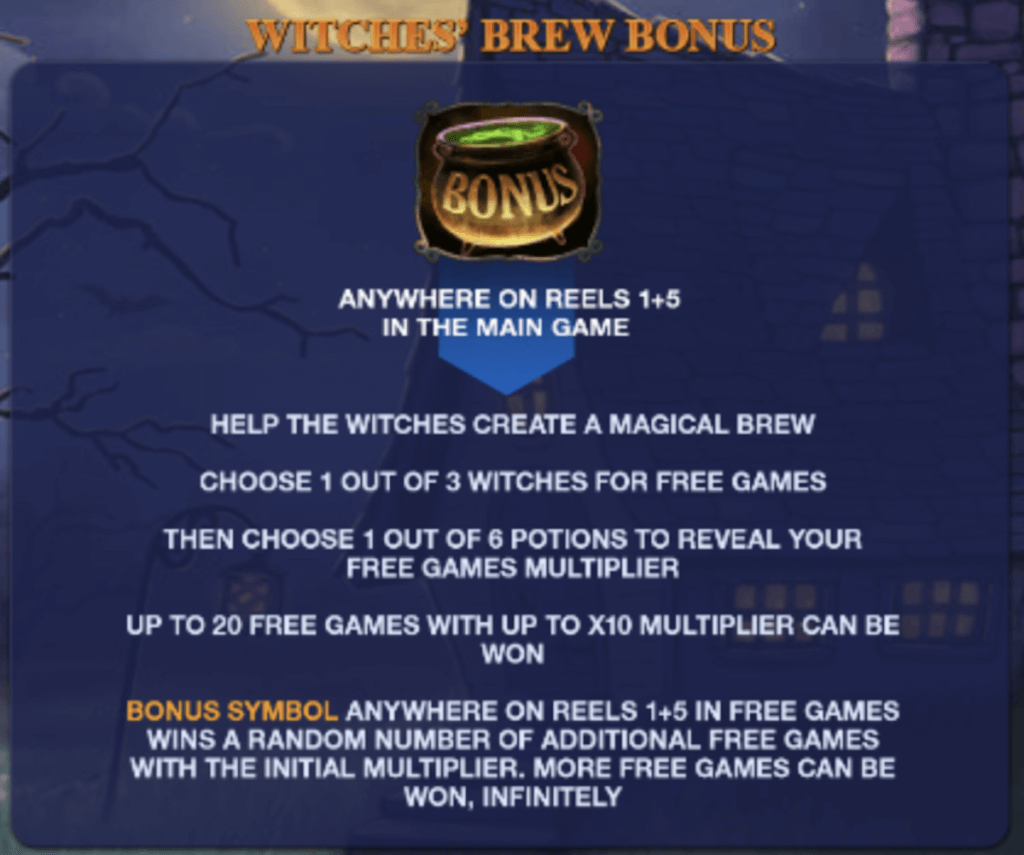 This Playtech slot has a standard 5x3 layout with 20 paylines. Witches brew bonus feature